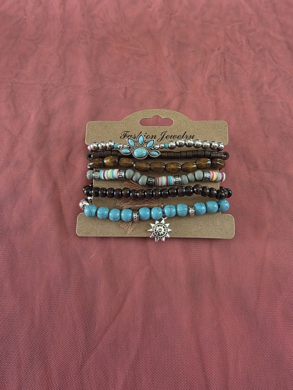 Fashion Jewelry Turquoise, Brown and Silver Beaded Bracelet Set